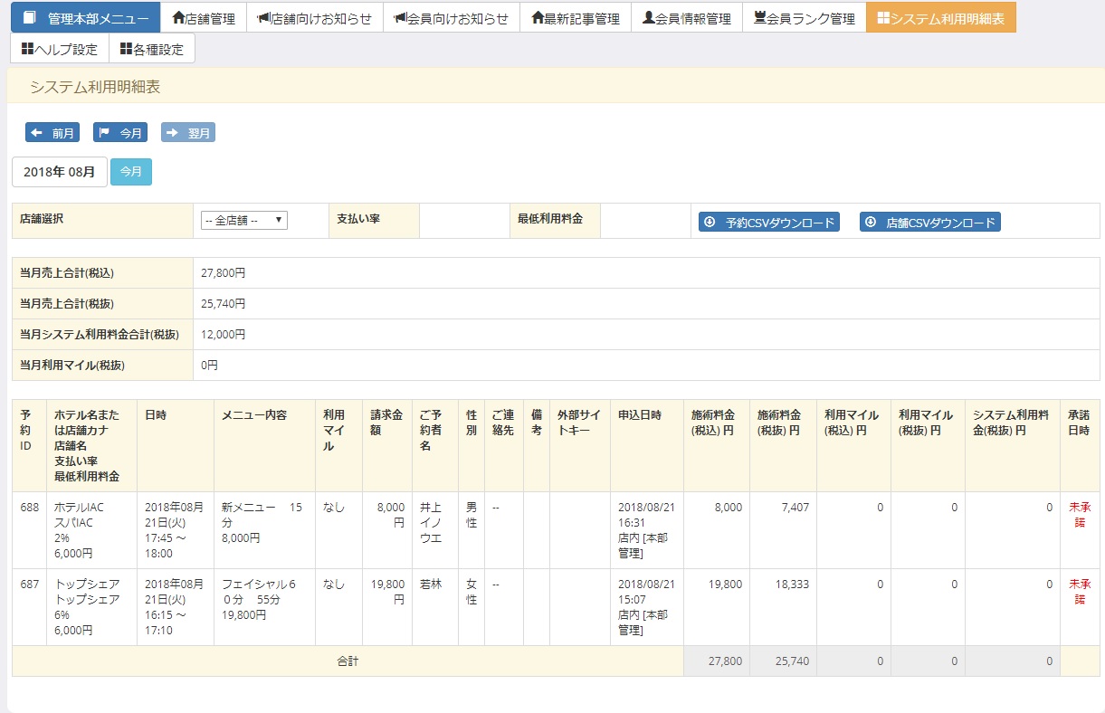 管理画面：売上明細
